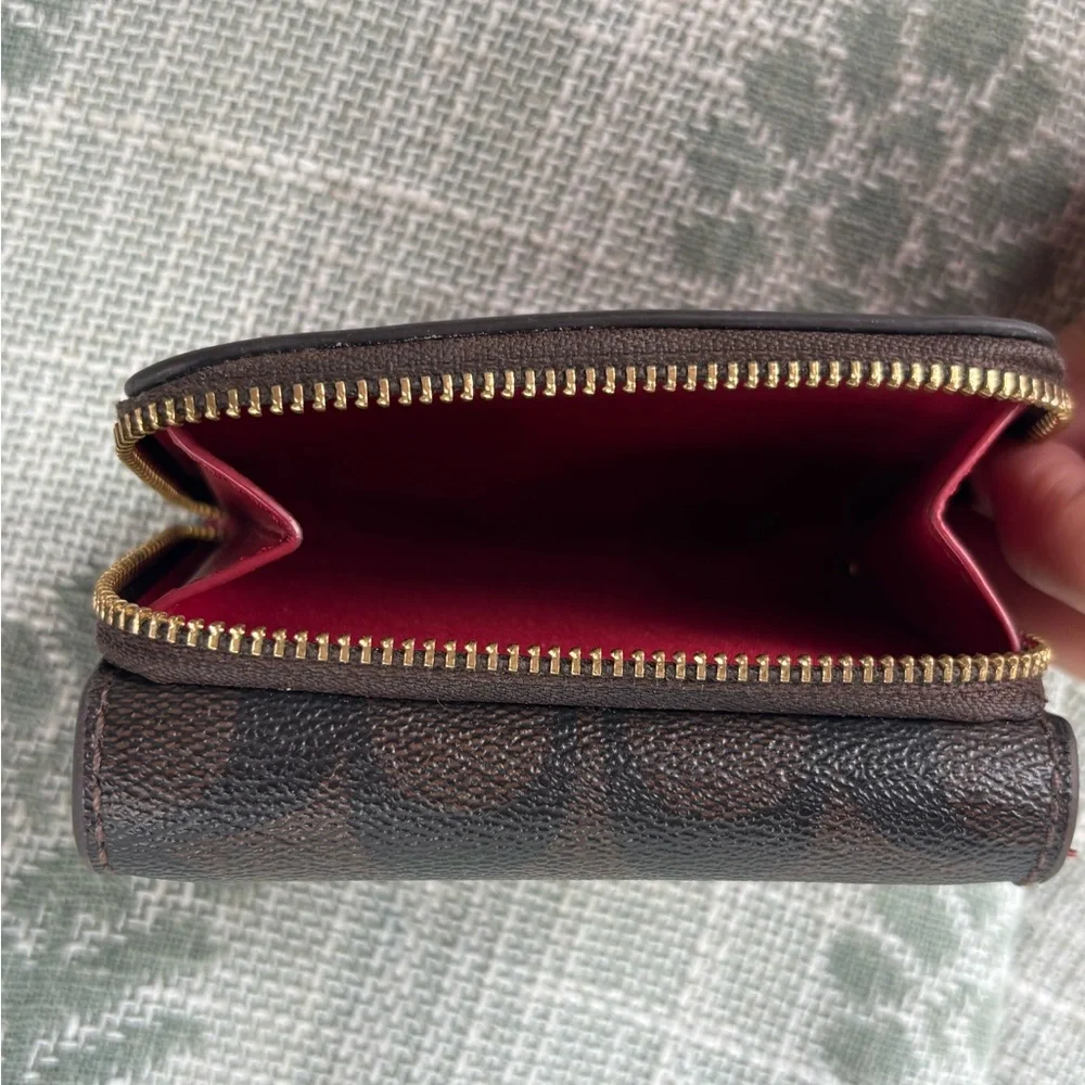 Coach Signature Compact Zip Wallet in Brown and Red